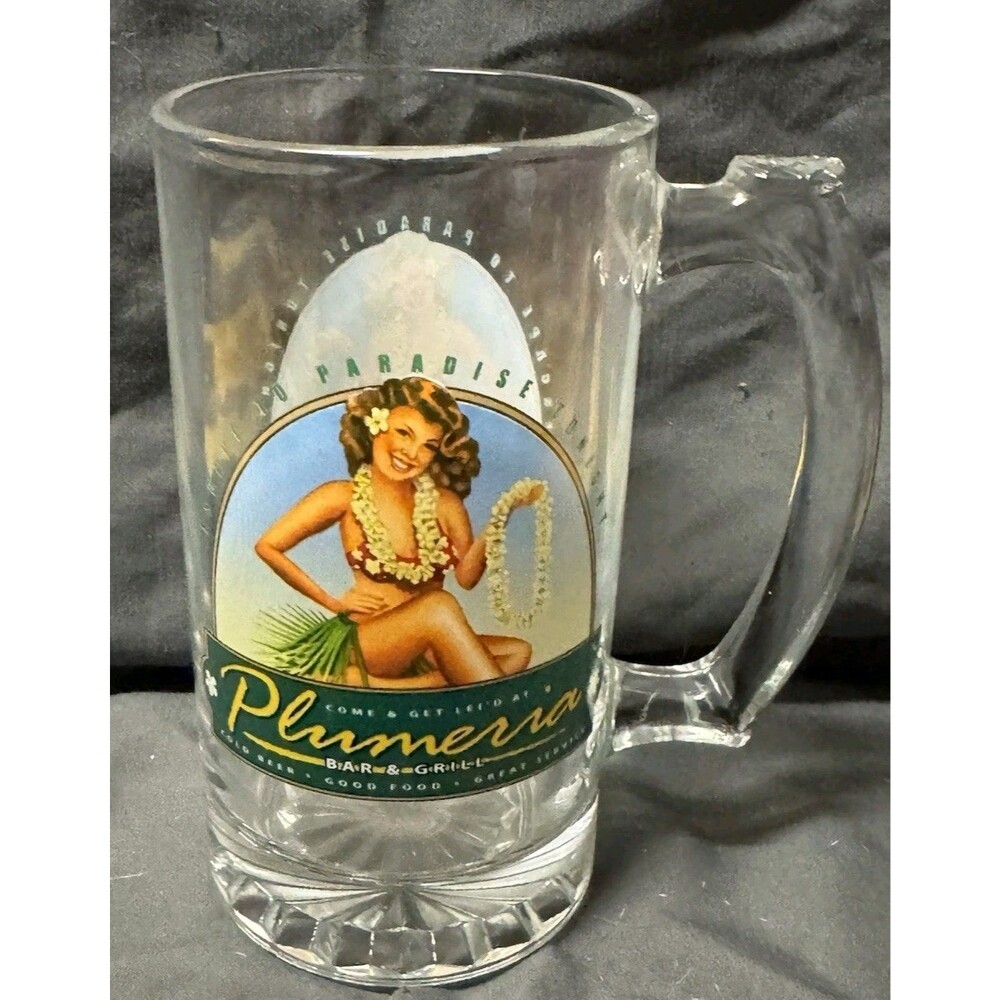 Come Get Lei'd At The Plumeria Bar And Grill Beer Mug Glass Hula Girl Tiki
